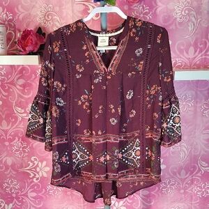 Knox Rose Plum Floral Boho Blouse